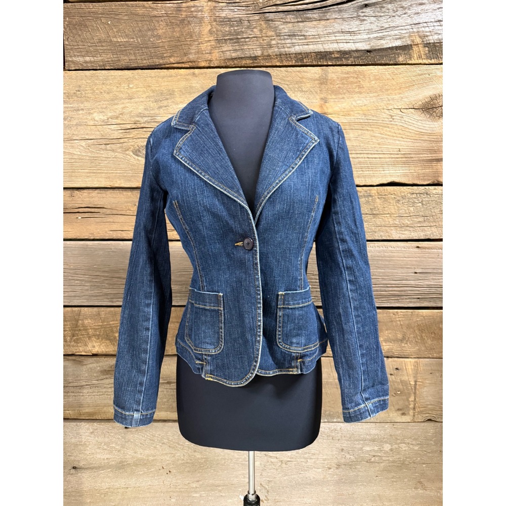 Talbots Womens Blue Stretch Denim Blazer Jacket Size 6 Single Button Pocket